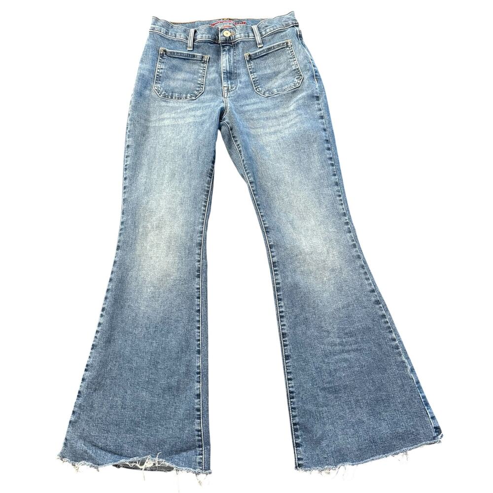 Lucky Brand Stevie high rise flare jeans, patch pockets, stretch, raw hem, 29/8